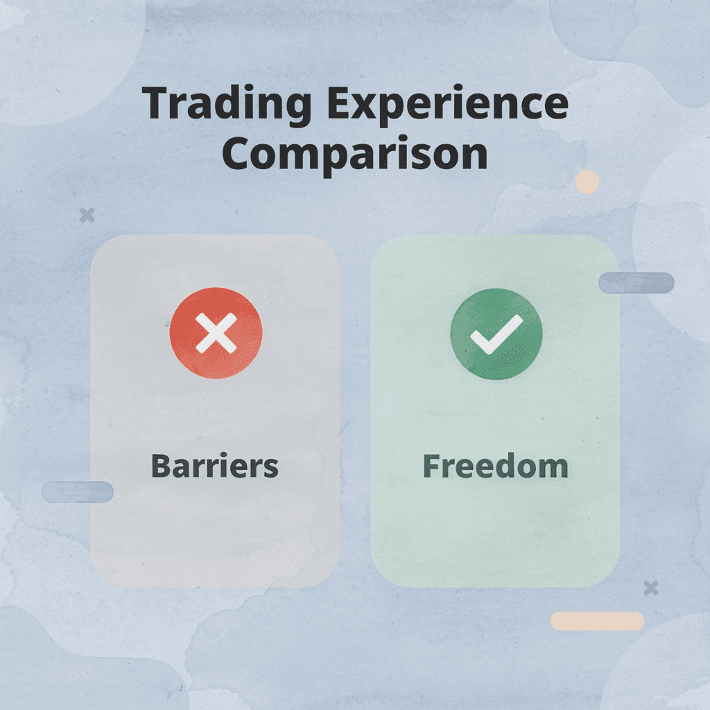 Before and after comparison showing transformation from barriers to trading freedom