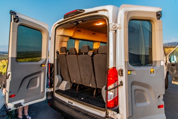 White Ford Transit XLT 15 Passenger Van Hawaii Big Island Sunset For Rent