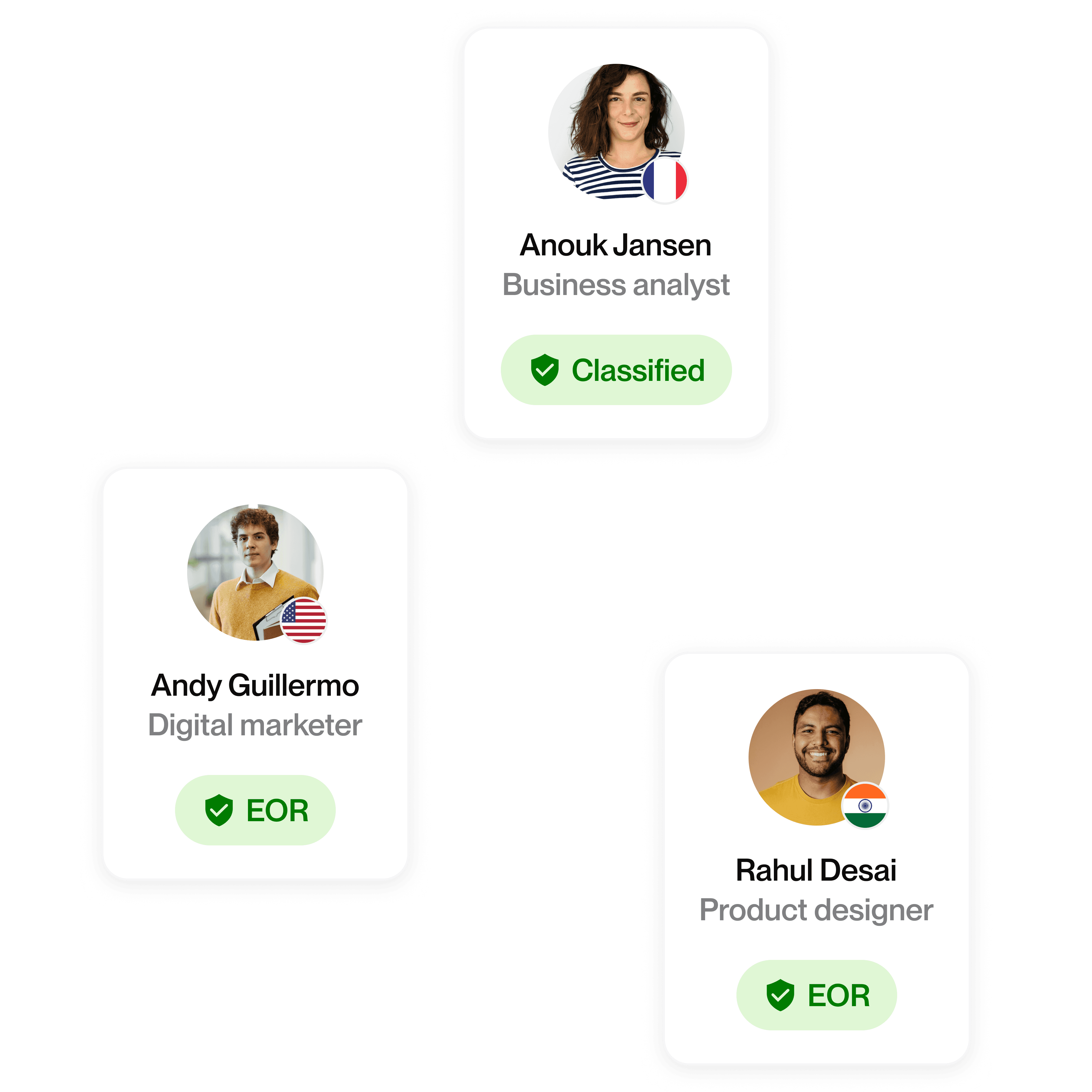 World map with three Talent cards showing roles: Business analyst classified, Digital marketer EOR, and Product designer EOR.
