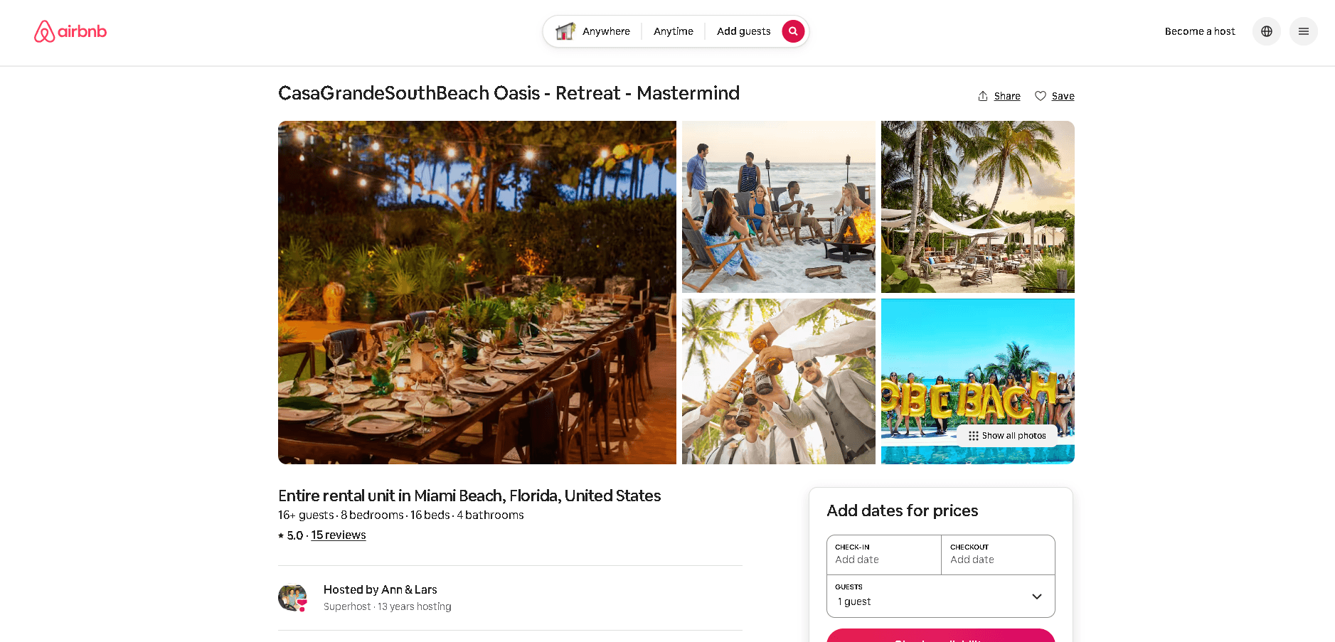 Airbnb US website displaying a Miami Beach property listing with pricing and booking details in US dollars for American travelers.