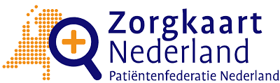 The image shows the logo of Zorgkaart Nederland featuring an orange dot map of the Netherlands, with a magnifying glass symbol containing a plus sign next to the text "Zorgkaart Nederland Patiëntenfederatie Nederland" in blue.