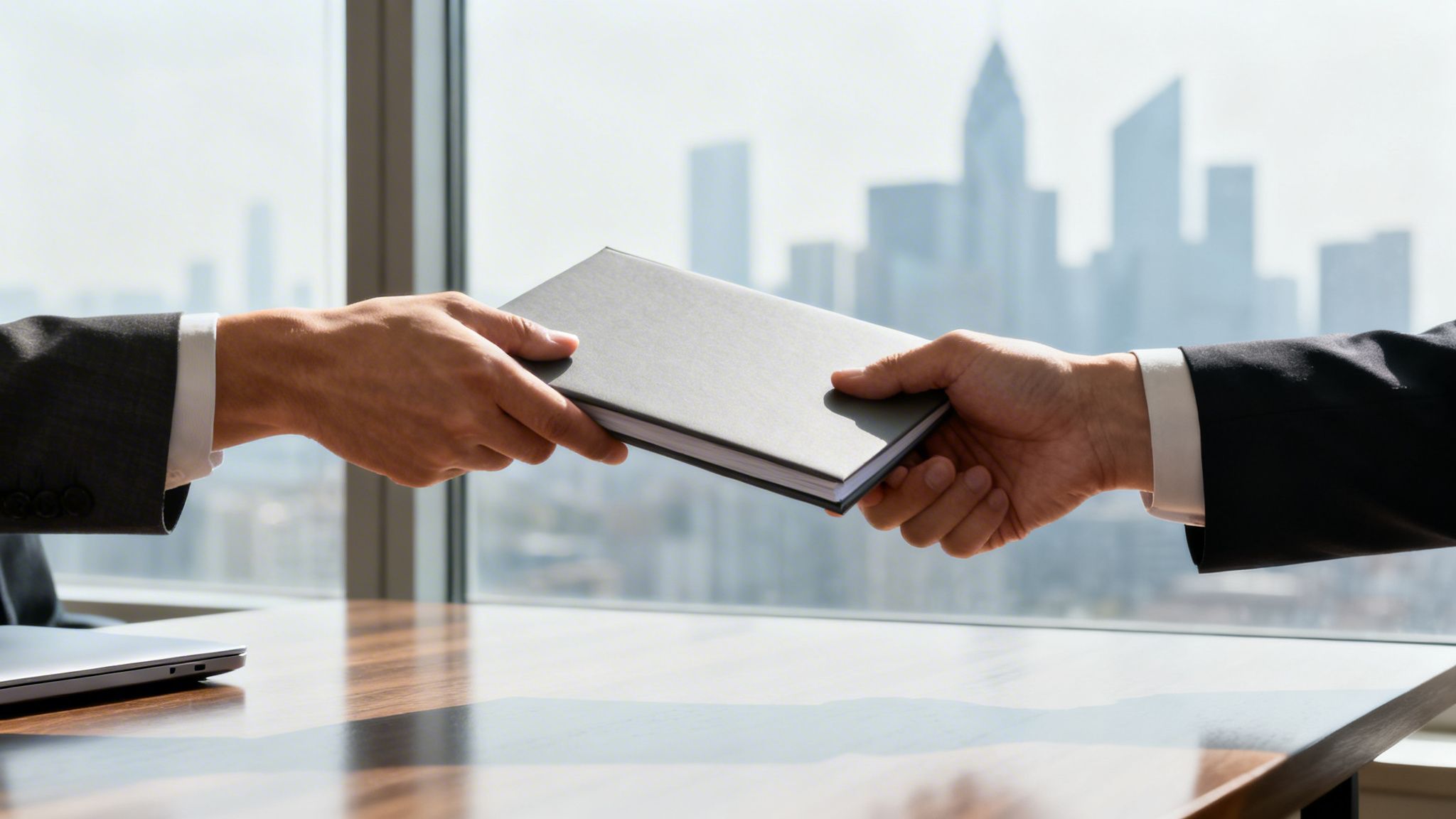 To forretningsmenn utveksler en bok eller et dokument over et bord med byutsikt.
