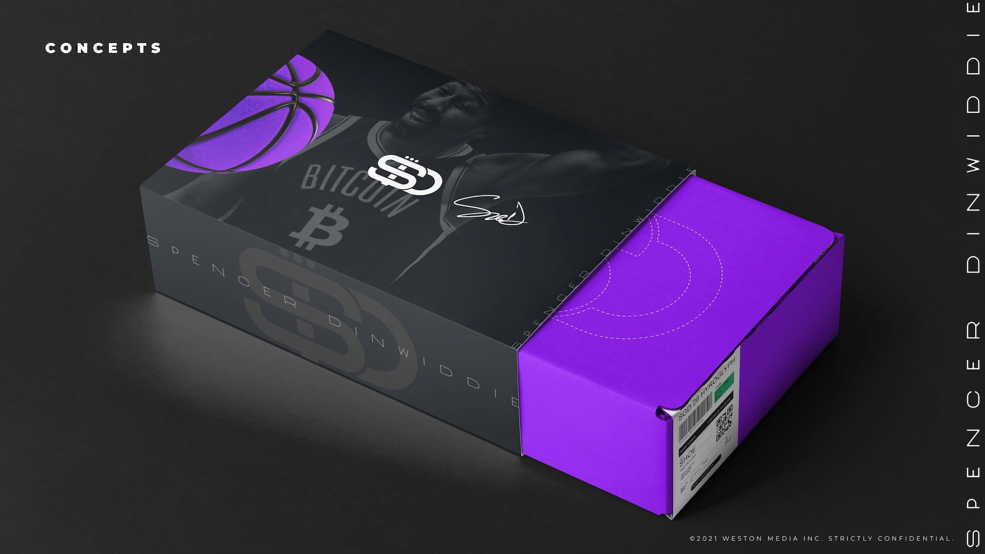 SD.26 shoe box packaging mockup featuring Bitcoin branding, Spencer Dinwiddie portrait, SD logo, and signature purple drawer design