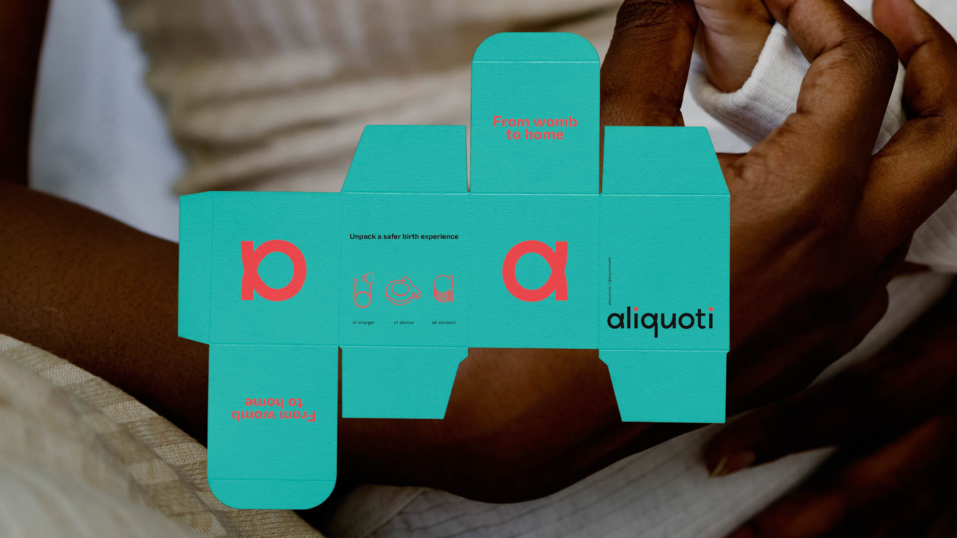 A teal cardboard box, partially open, reveals its interior. The box features the brand name "aliquoti" in black text on the side and side panels. Inside the box, a red “D” is visible on the left side, along with small icons and text including “Unpack a safer birth experience,” “X1,” “X2,” “X3,” “X4,” “X5,” and “X6.” A person’s hands are holding the box, partially obscuring the view.