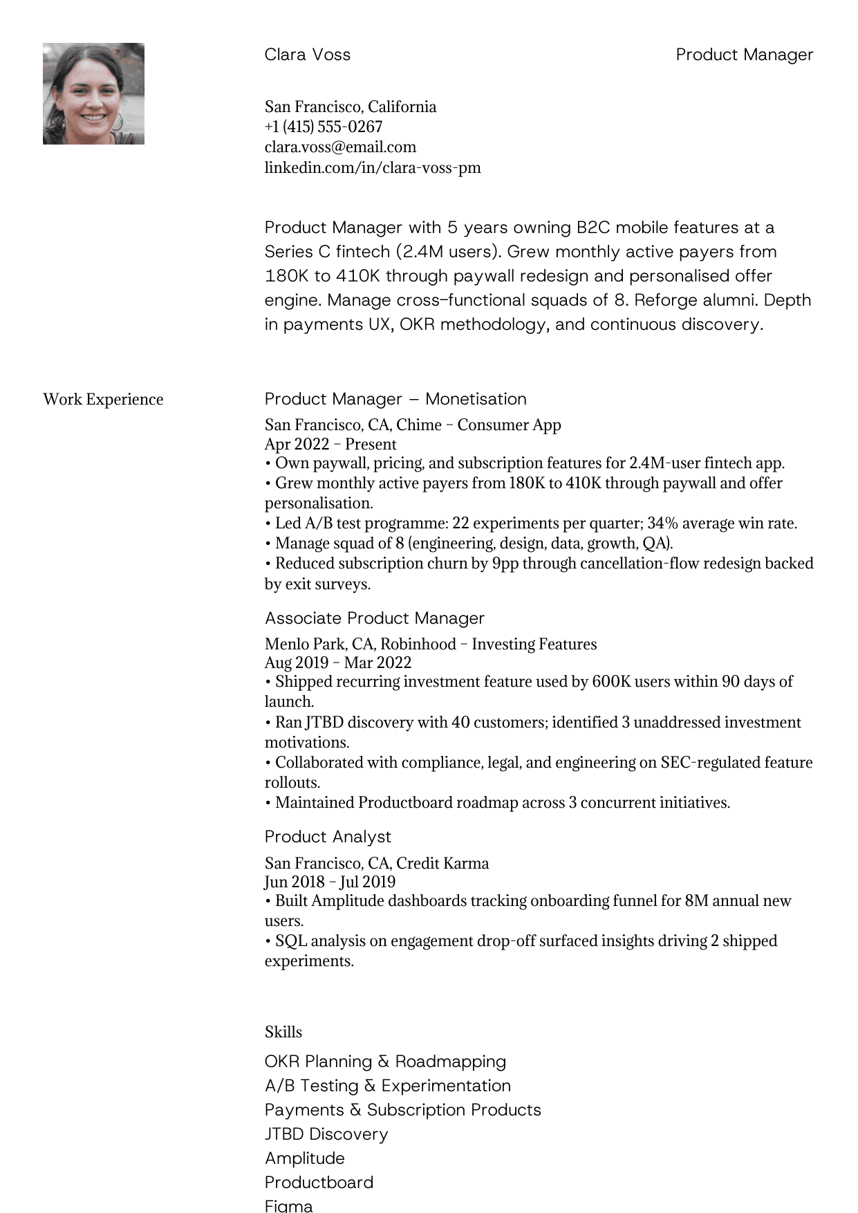 Mid-level product manager resume example