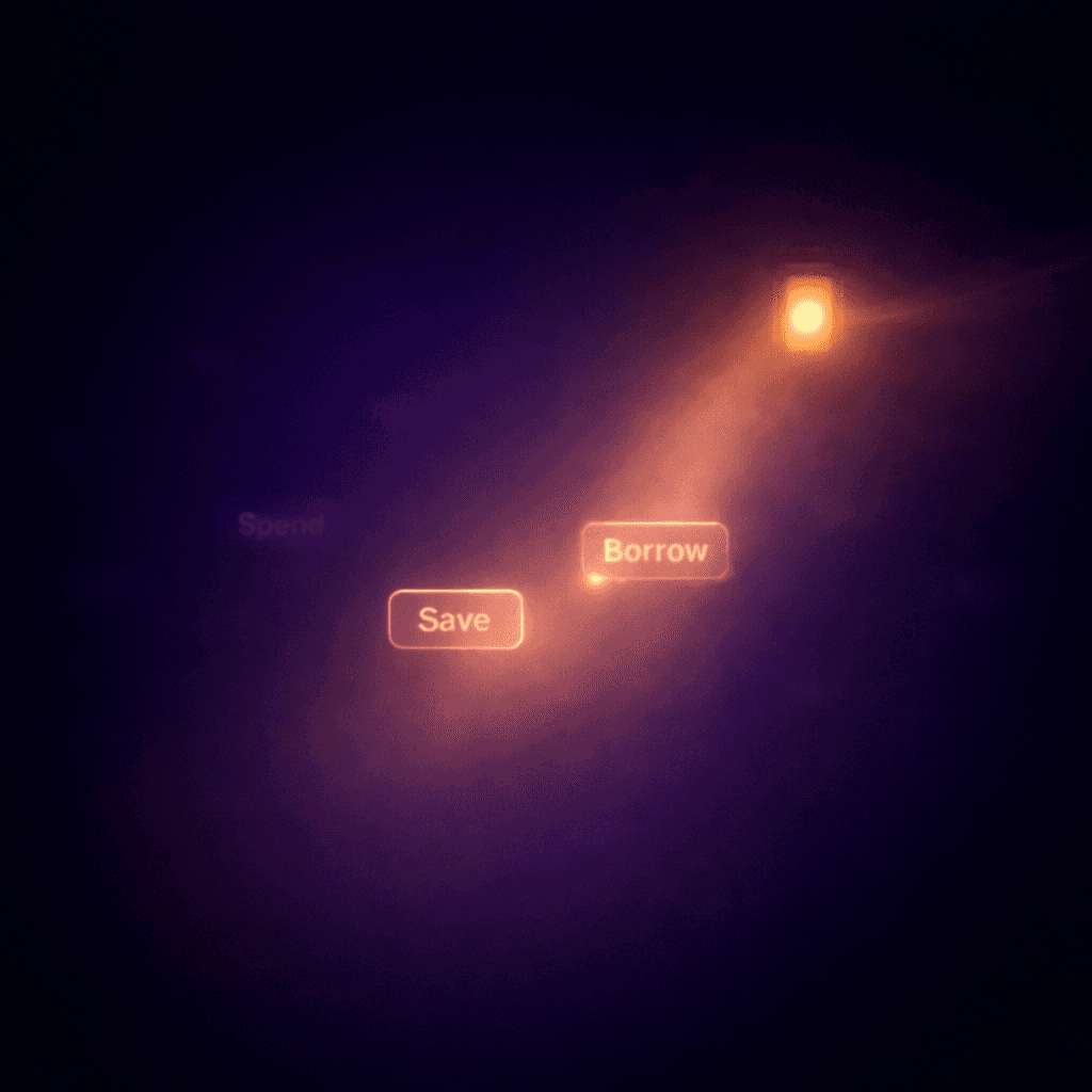 A dark purple, foggy gradient background with a small glowing lantern in the upper right casting a warm beam over two illuminated labels, “Save” and “Borrow,” while a faint “Spend” label sits in the shadows to the left.