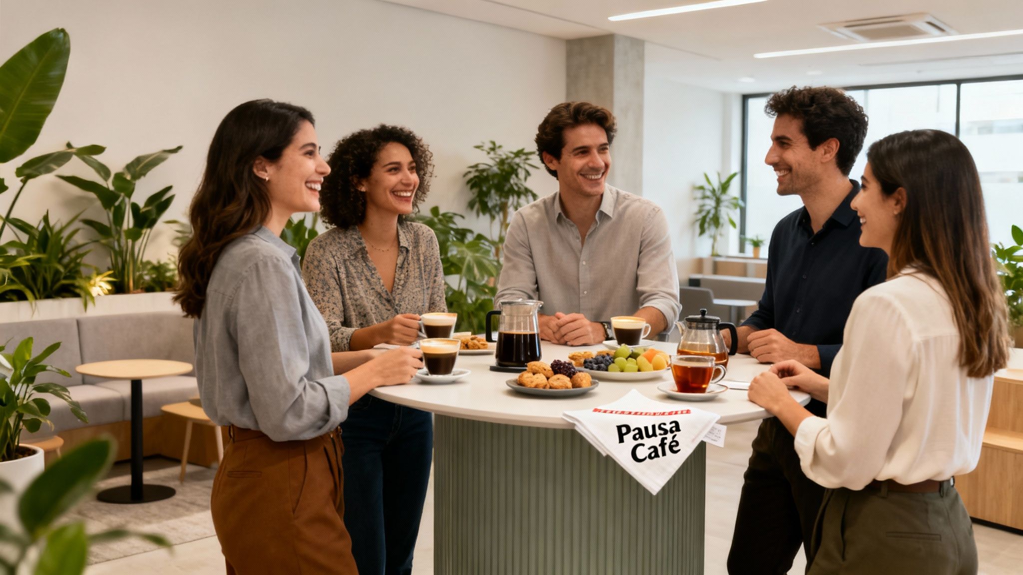 Cinco jóvenes profesionales disfrutan de un café y snacks en un ambiente de oficina moderno y lleno de plantas.