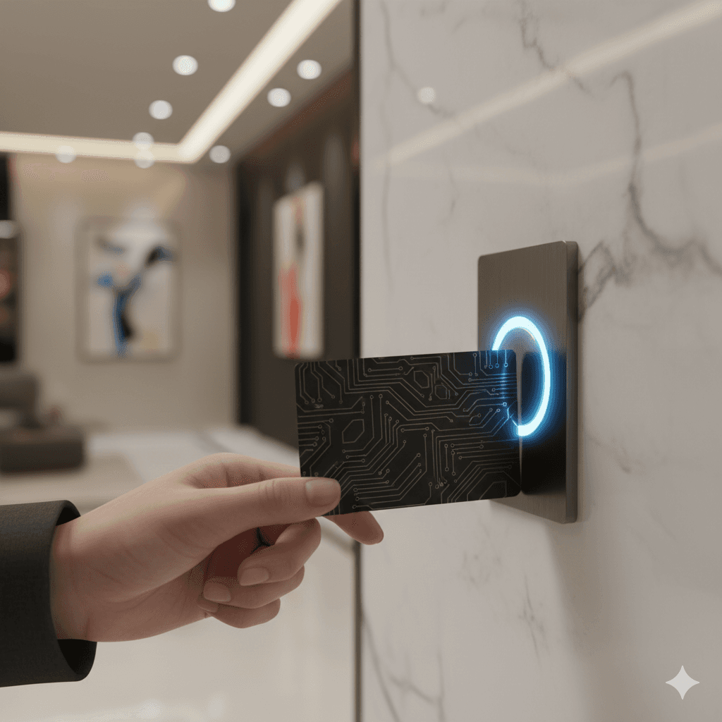 Close-up of modern security access card reader in a luxury apartment lobby on Dwarka Expressway.