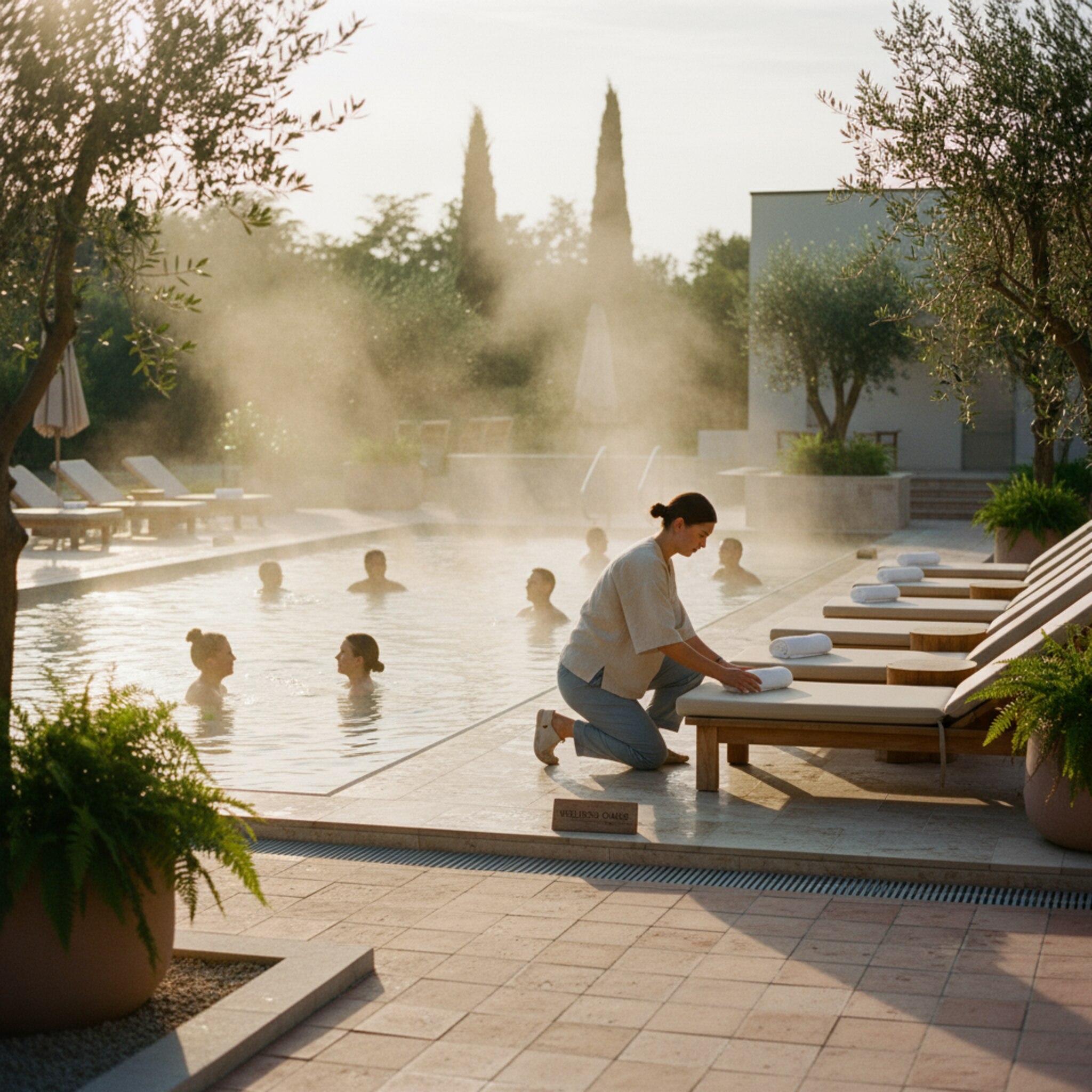 Am späten Nachmittag füllt sich ein Außenbecken langsam. Ein Mitarbeiter richtet aufmerksam ein paar freie Liegen neu aus, während warmes Licht über die Wasseroberfläche wandert. Die Szene zeigt eine ruhige, aber spürbar intensivere Phase des Tagesverlaufs.