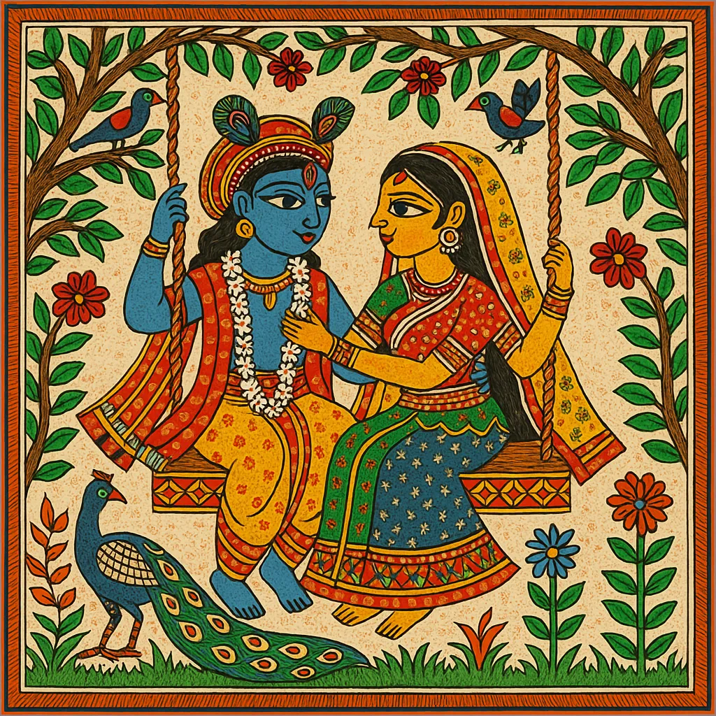 Radha- krishna, rains, swing