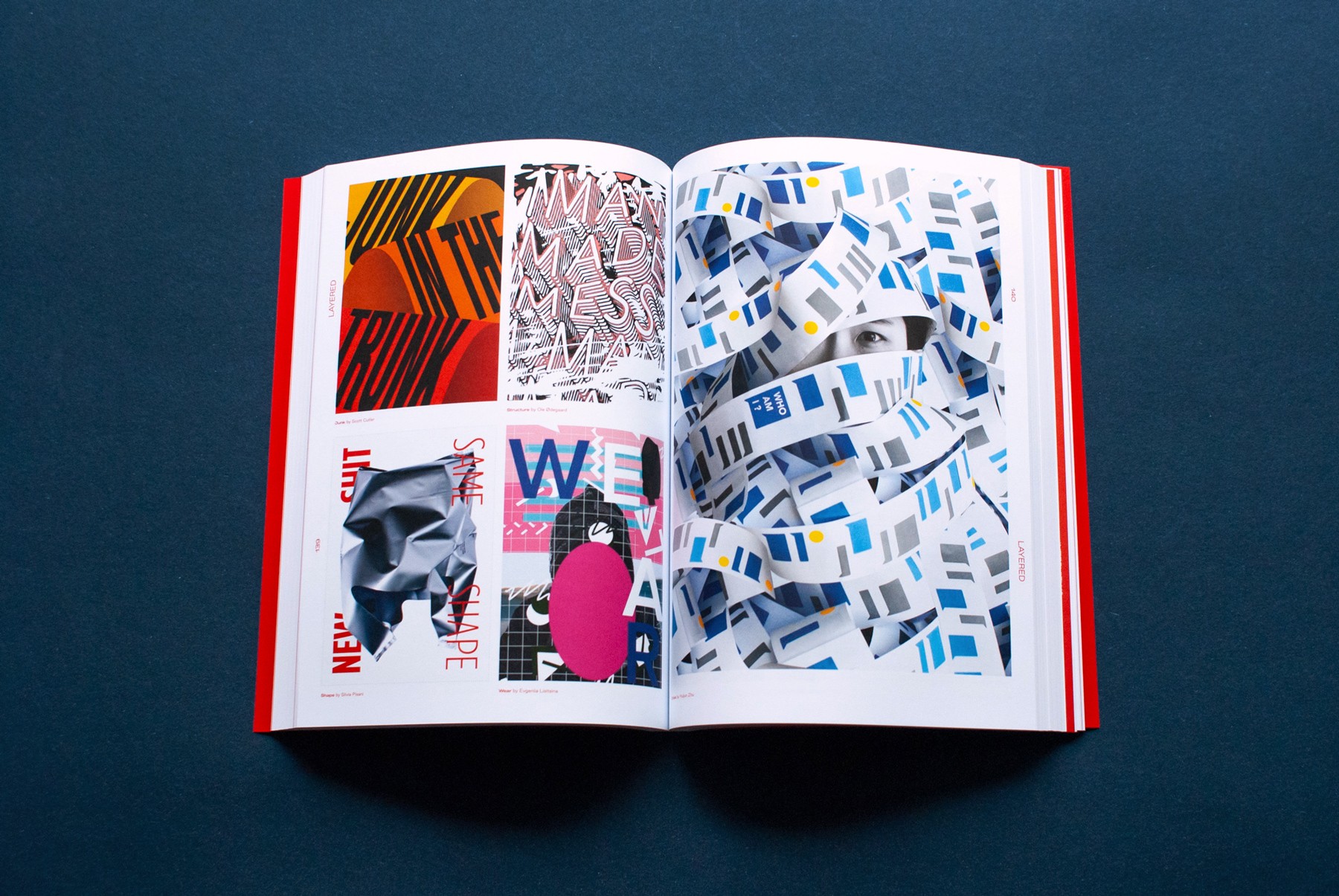 A spread from the book showing poster designs using layered design elements and typography.