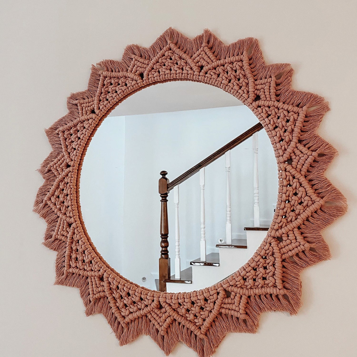 Peach round macramé fringe mirror wall décor