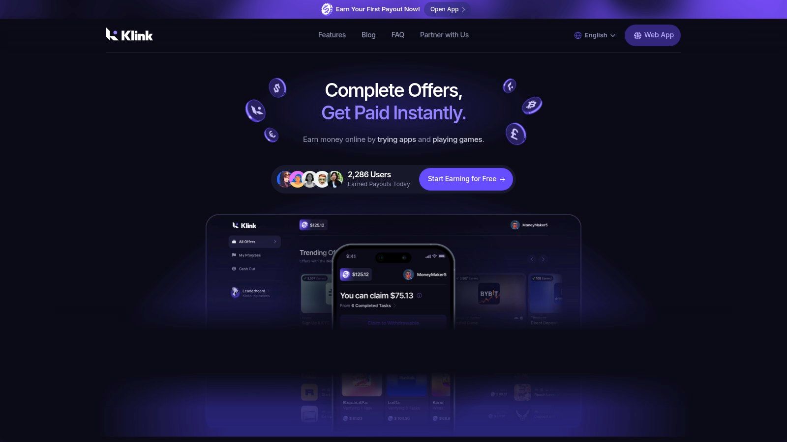 Klink Finance platform showing earning opportunities