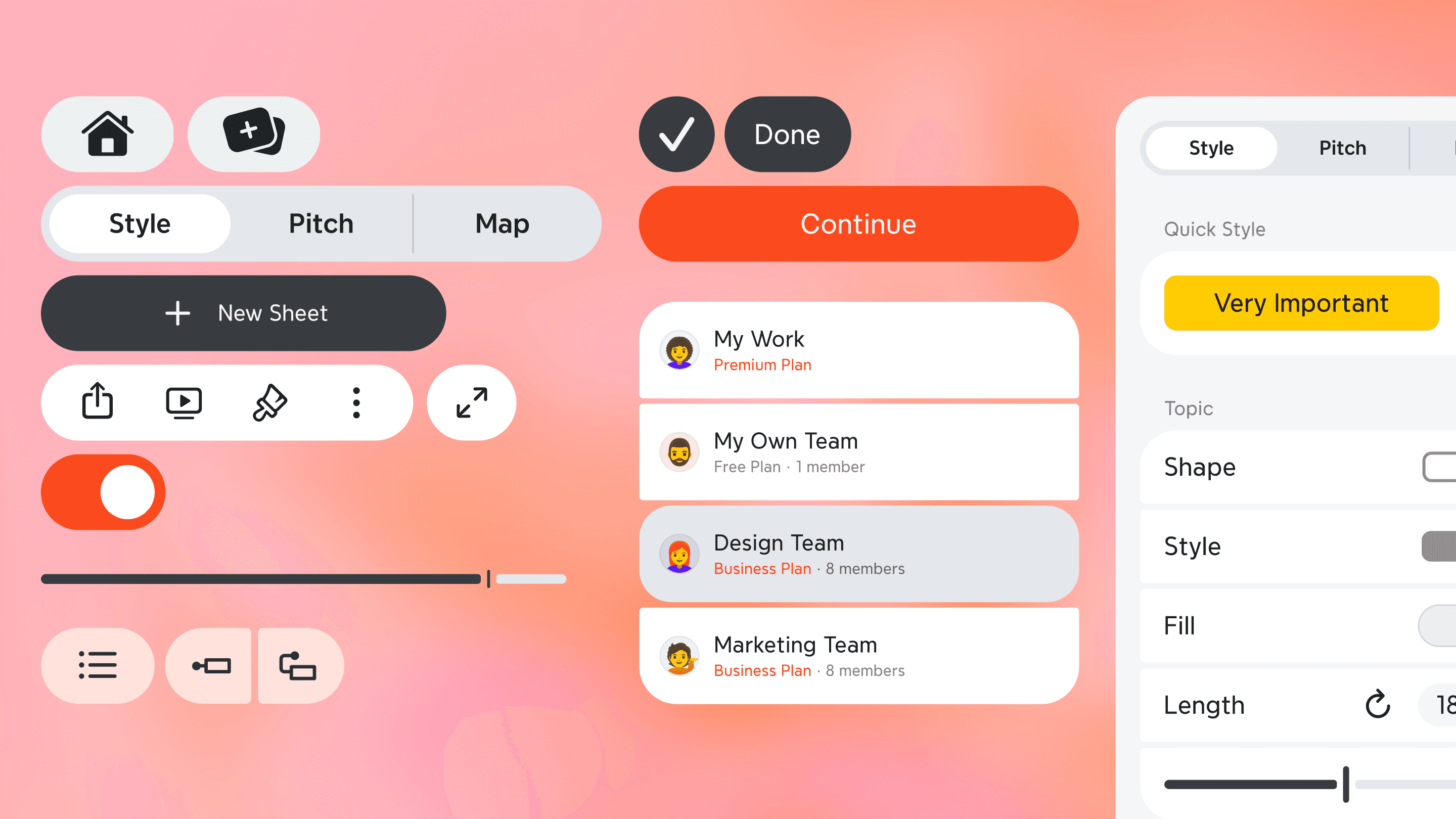 Xmind for Android interface showcasing Material Design 3 components—pill-shaped buttons, toggle switch, list cards, and a properties panel, set against a warm coral gradient background.