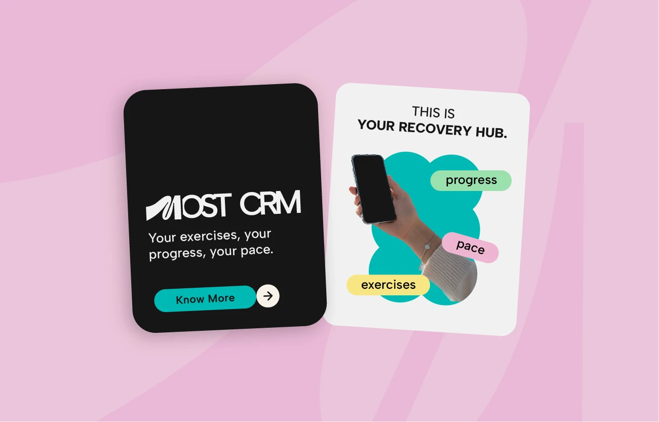 A collection of social media marketing mockups for Most CRM showing clean, blue-toned educational posts and brand imagery on a smartphone screen.