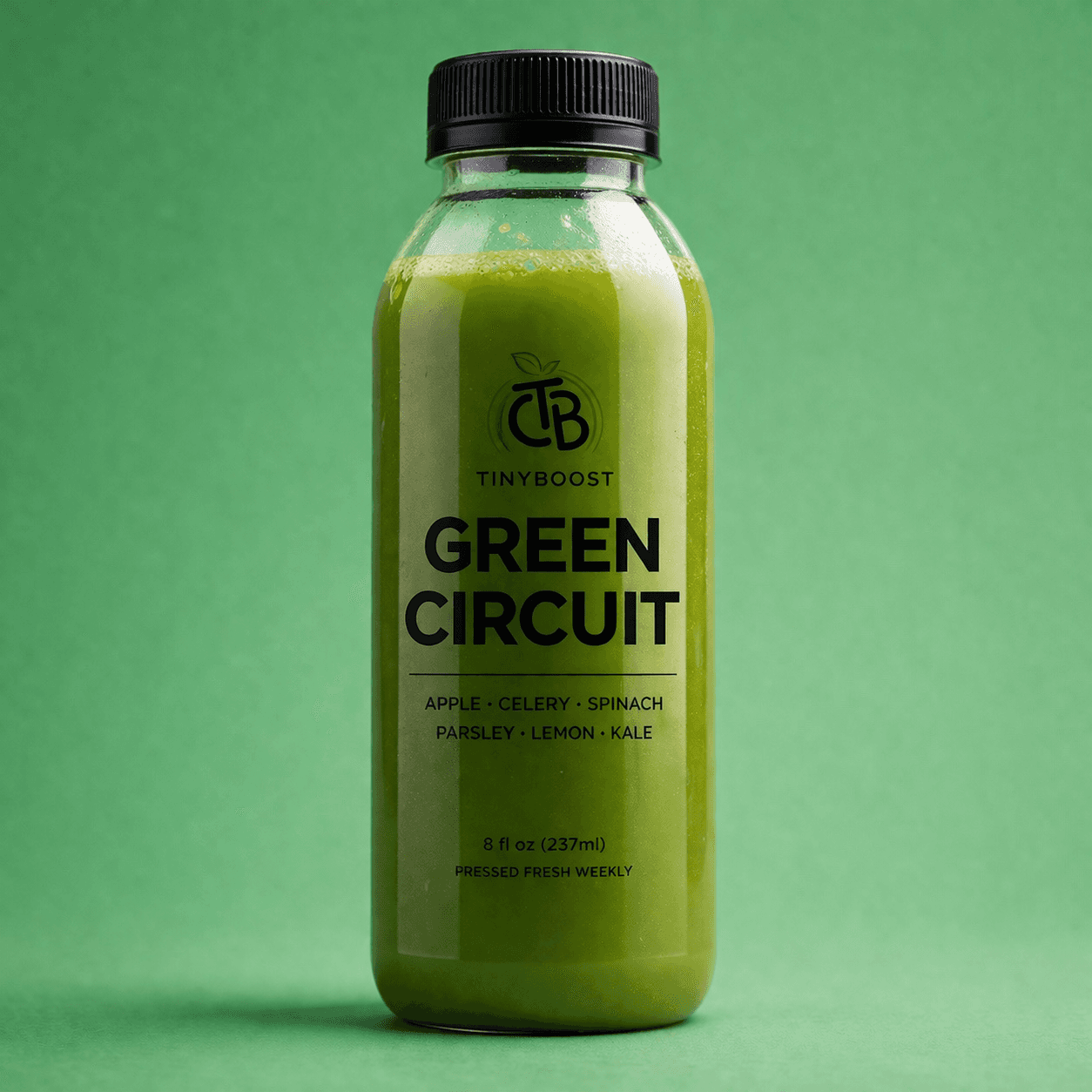 Green Circuit cold-pressed green juice bottle by TinyBoost.