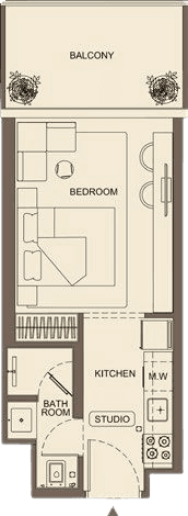 Studio apartment floor plan at Binghatti Titania. Efficient luxury living layout for investors.