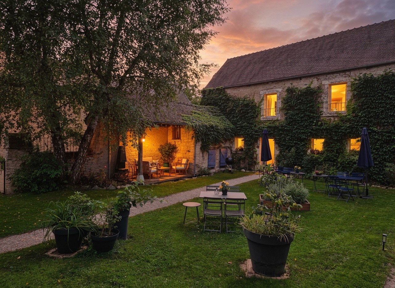 Maison en pierre avec jardin illuminé au crépuscule.