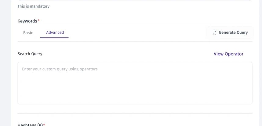 Advanced mode: a Boolean search query field, a View Operator link and a Generate Query button.