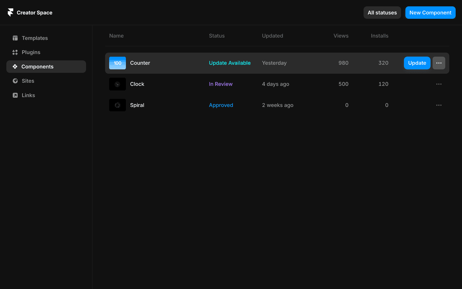 Framer 创作者仪表板截图,显示带有状态更新的组件列表。'Counter' 组件显示 '有更新可用' 状态,且 '更新' 按钮以蓝色高亮。下方是 'Clock'(审核中)和 'Spiral'(已批准)组件。界面显示组件名称、状态、最后更新时间、浏览量和安装次数