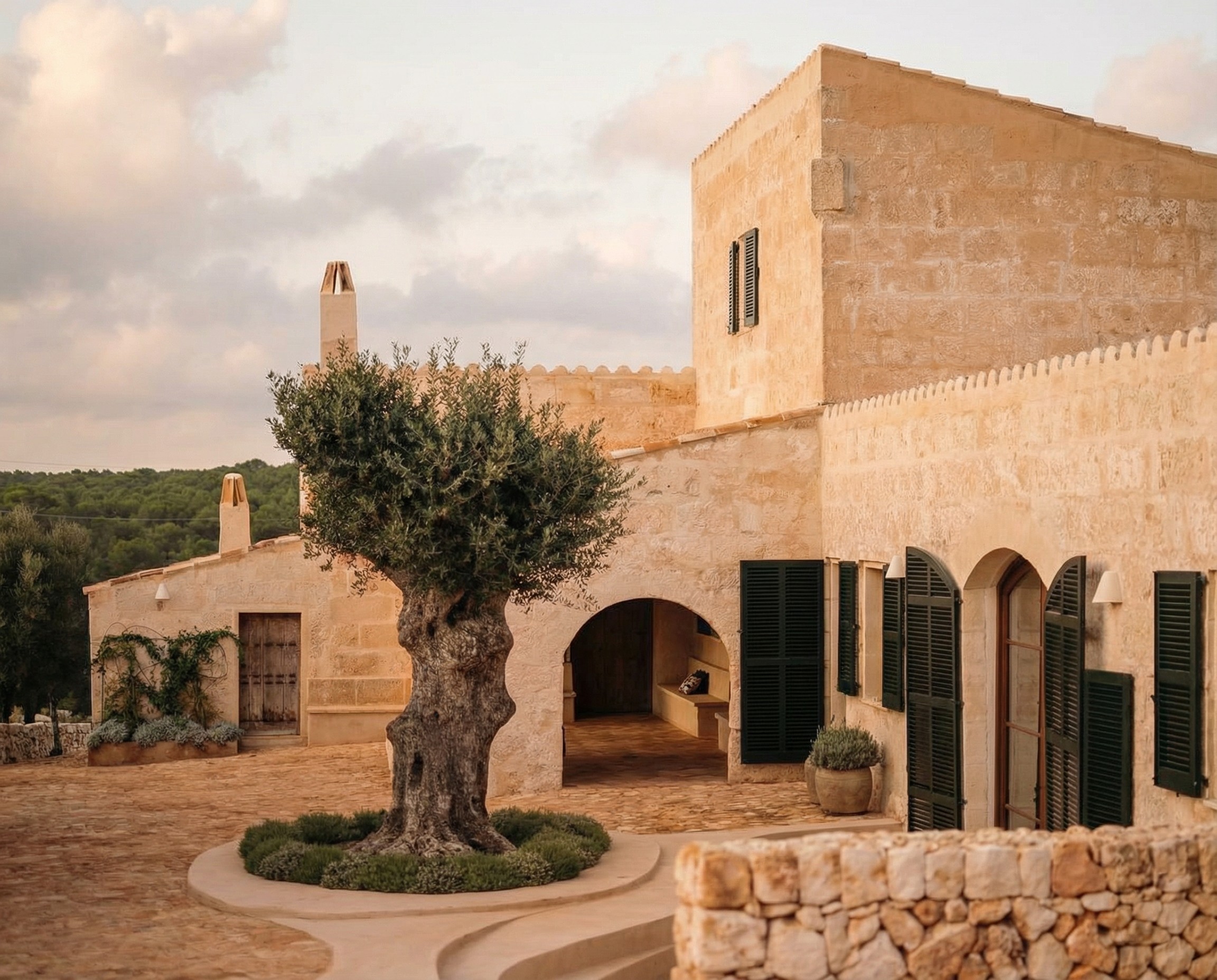 inner courtyard of a rural estate in Italy, in sunset light