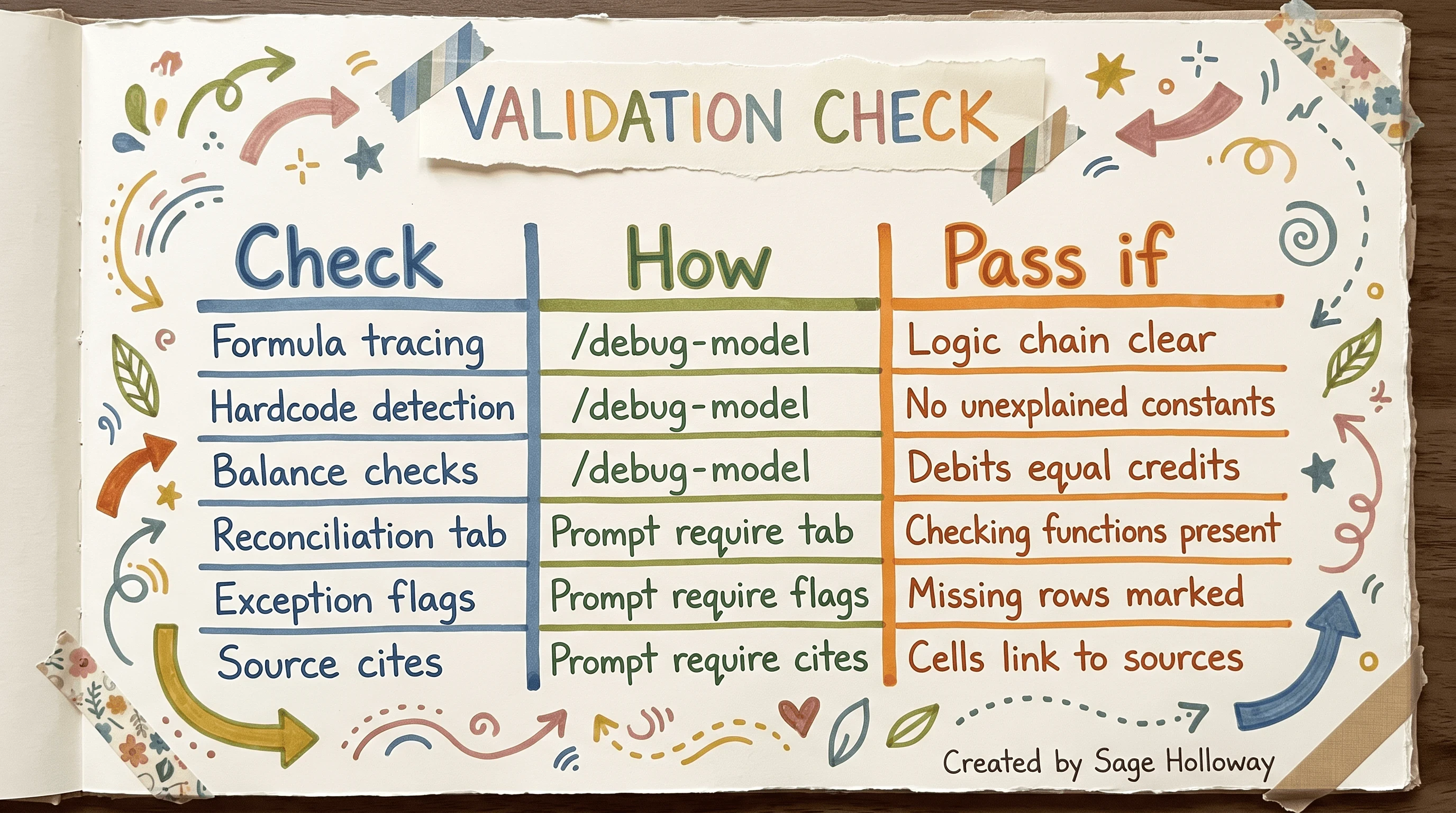 Checklist table for Claude financial analysis validation tabs including formula tracing and hardcode detection