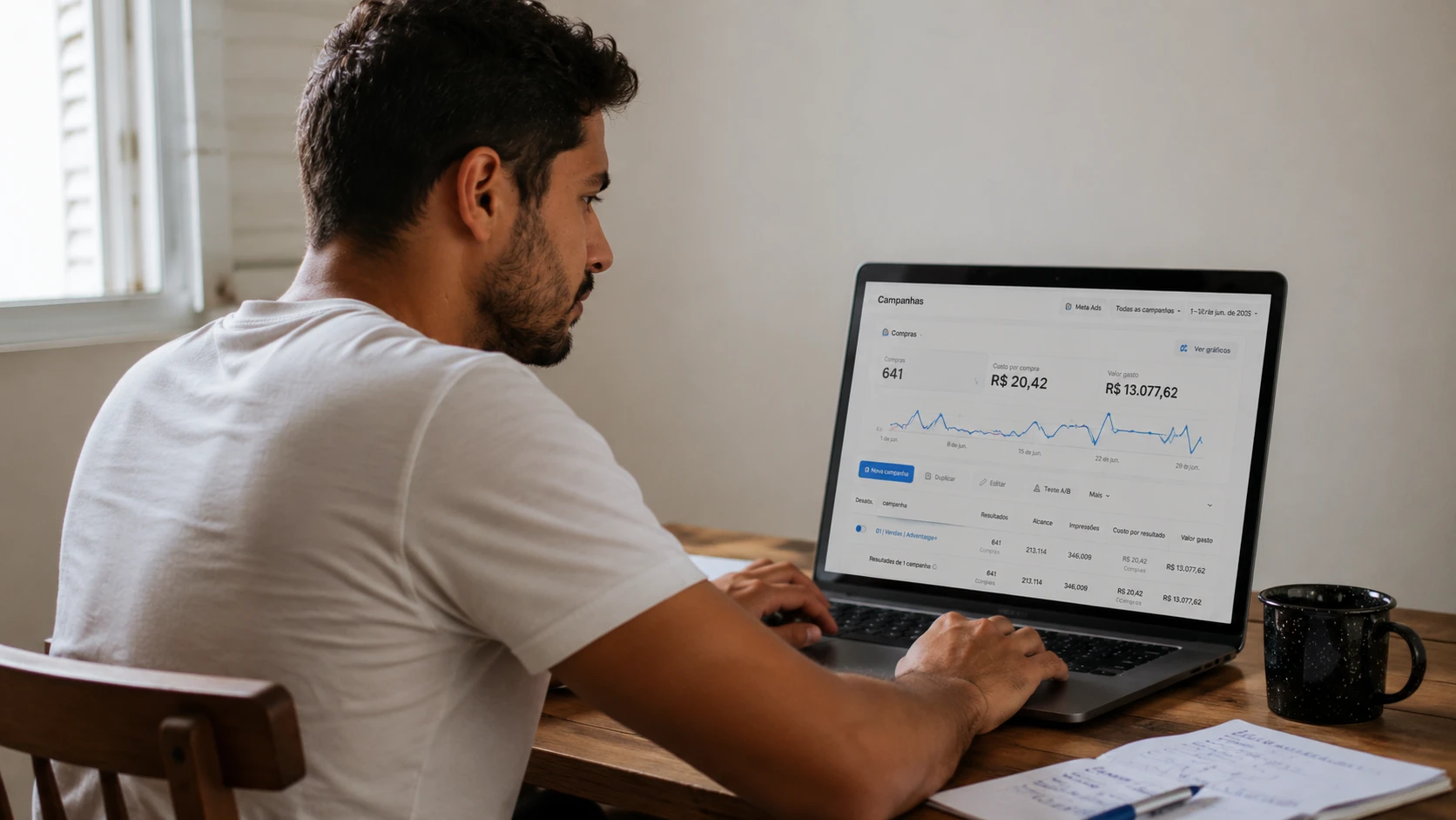 omem jovem de camiseta branca analisando dashboard de campanhas Meta Ads no notebook, com métricas de compras e custo por resultado visíveis na tela