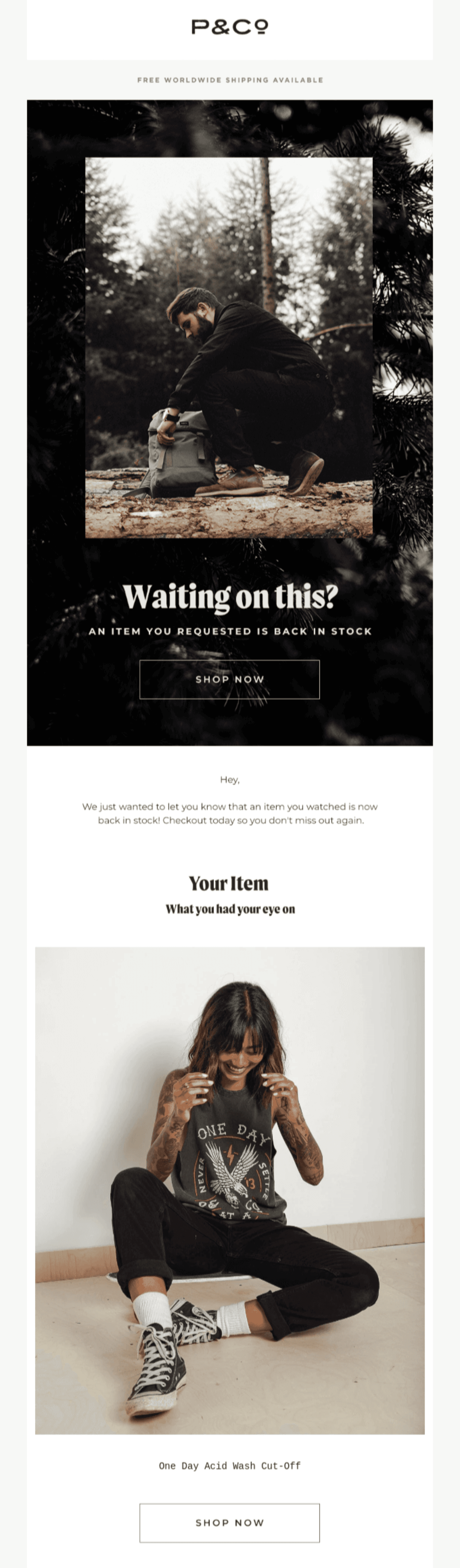 P & Co.png: Black-themed email from P & Co with a backpack image, bold 'Waiting on this?' headline, and product photo of the cut-off tee.