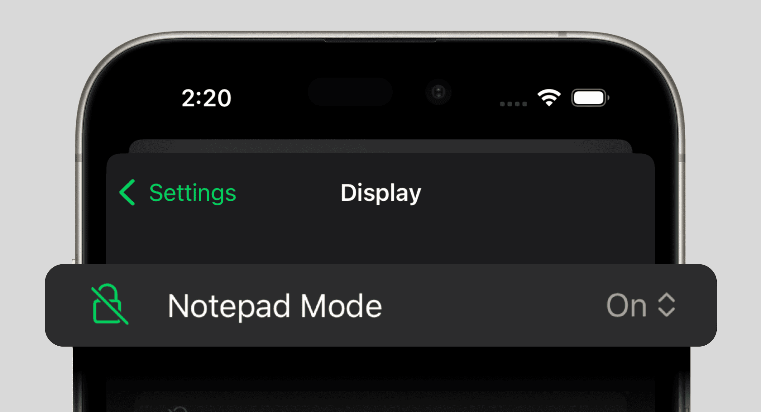 A smartphone screen displaying a settings menu in the Setgraph workout tracking app. The top section reads "Settings" and "Display," with a toggle option for "Notepad Mode" in focus. The mode is currently set to "On," indicated by the text on the right. A small green icon with a crossed-out lock symbol accompanies the feature's name, suggesting it relates to note-taking or display customization. The clean interface is minimalistic, with clear navigation.