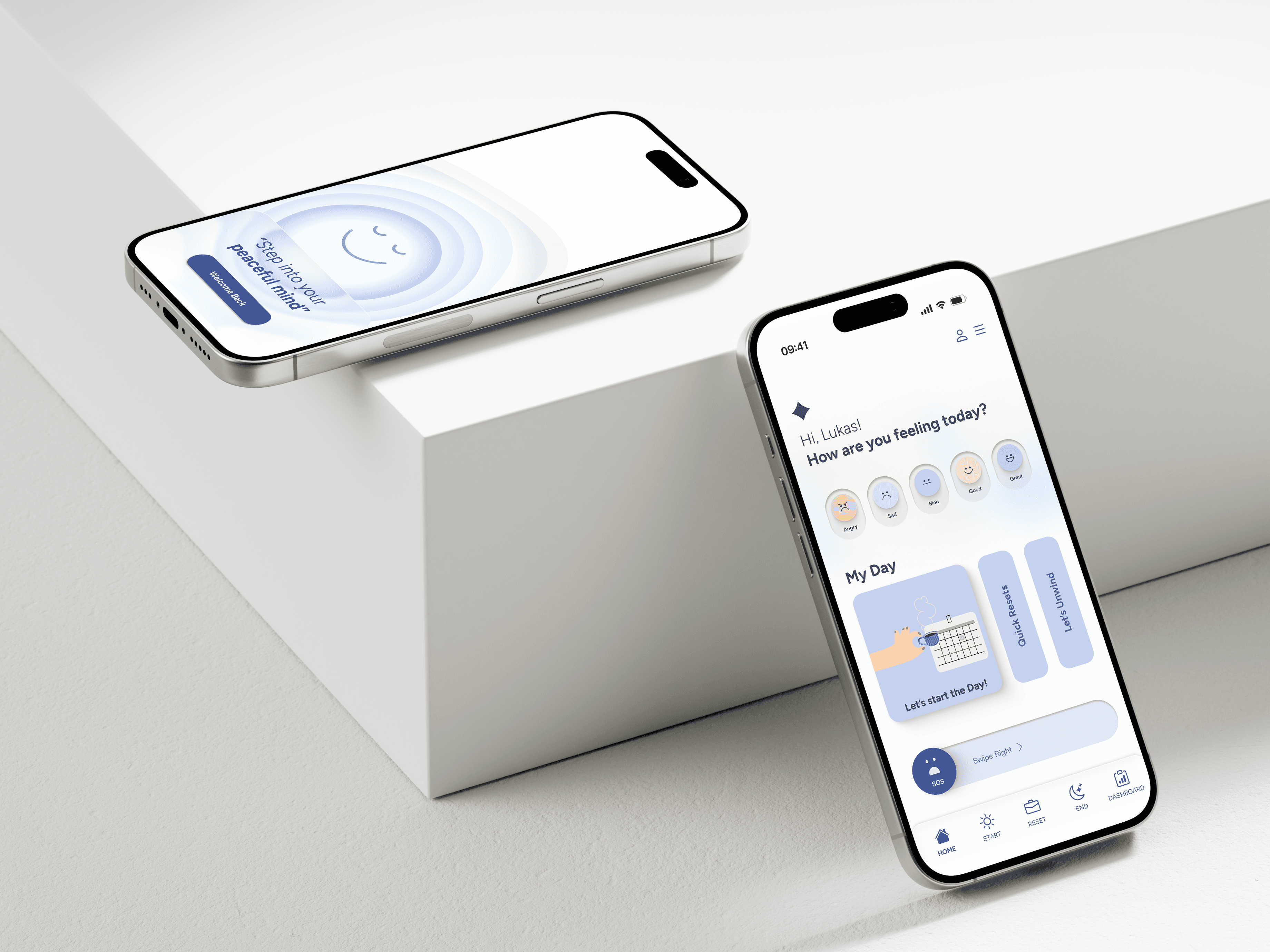 Minimal iPhone mockup of the Your Inner World app, designed by Lunatique Studio, placed on a textured rock surface