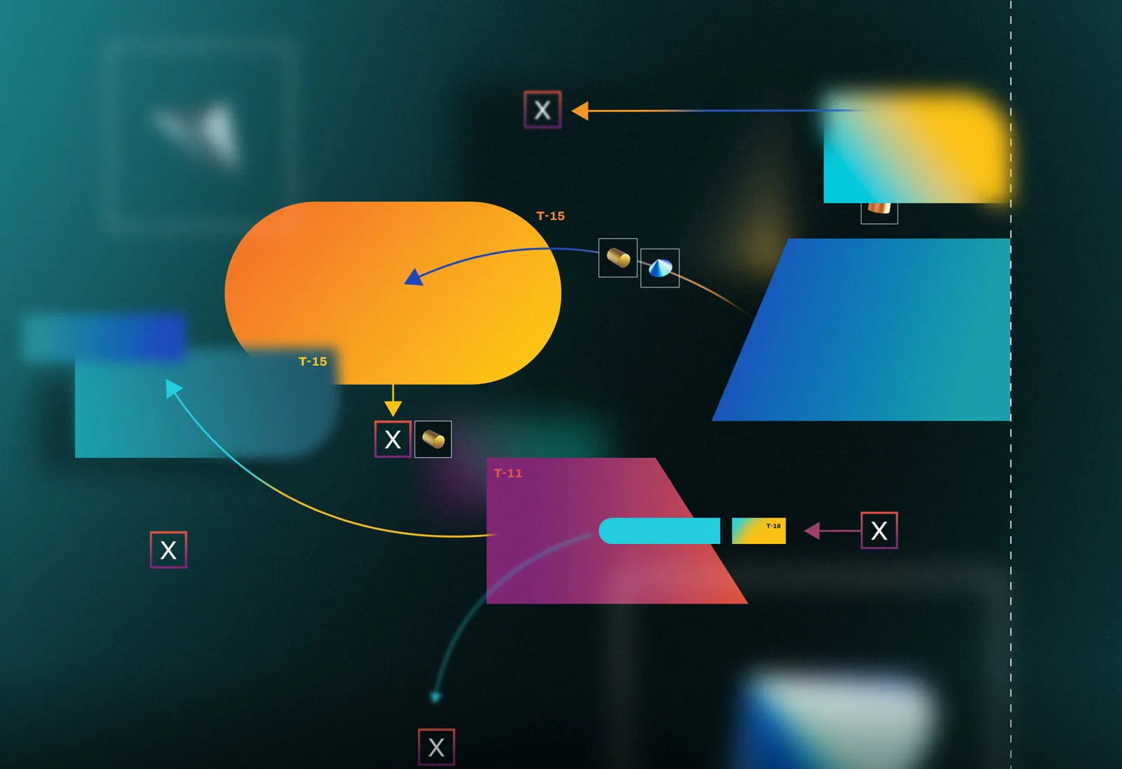 Abstract graphic featuring colorful geometric shapes against a dark background.