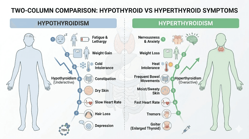 Hypothyroid versus hyperthyroid symptoms comparison chart