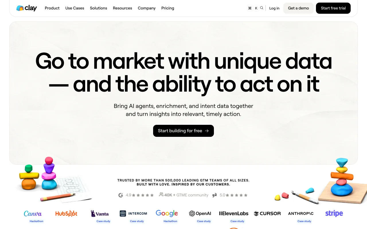 Clay homepage, data enrichment and AI prospecting platform