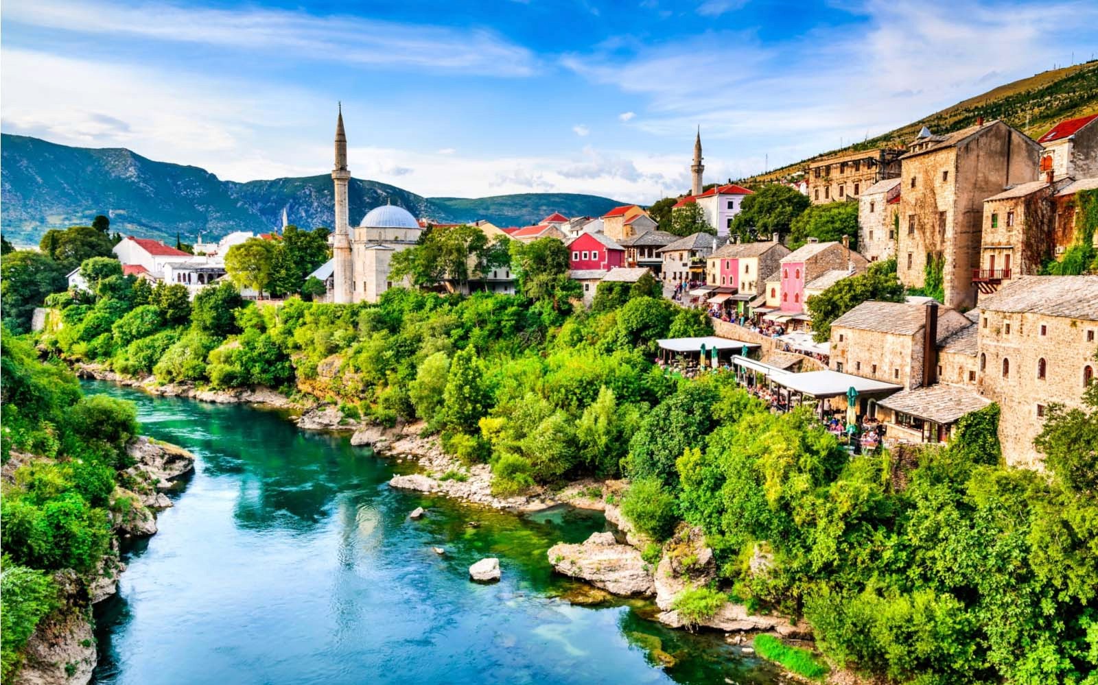 Mostar's Old Town with Neretva River and mosque, Bosnia and Herzegovina.