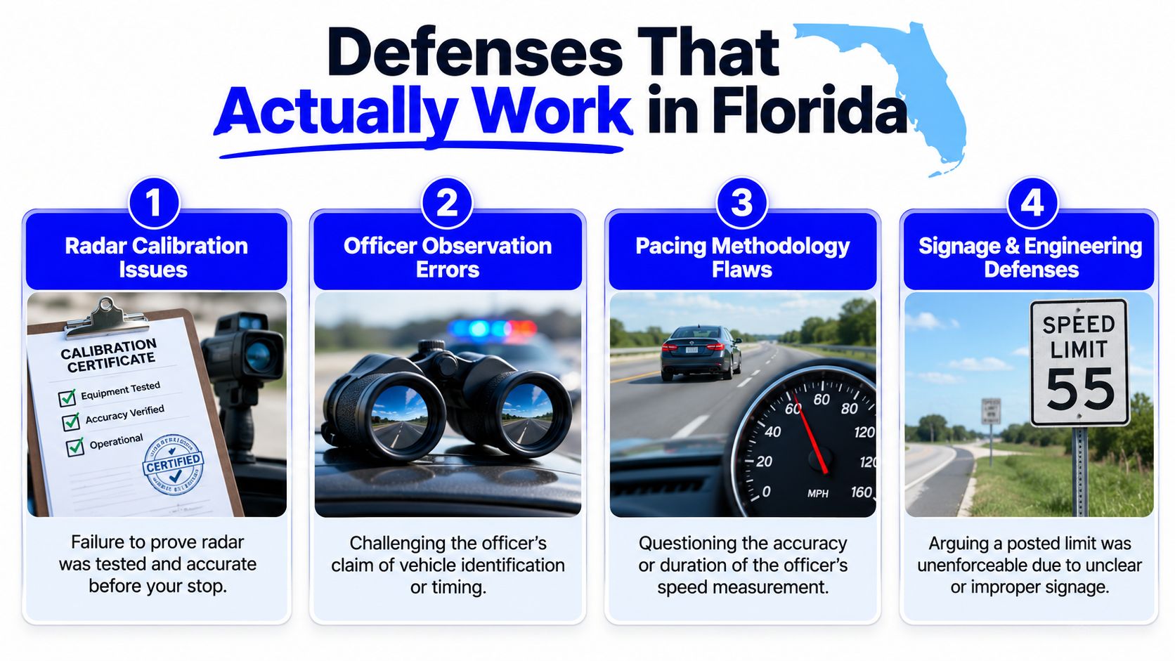 An infographic detailing four effective legal defenses for challenging speeding tickets in the state of Florida.