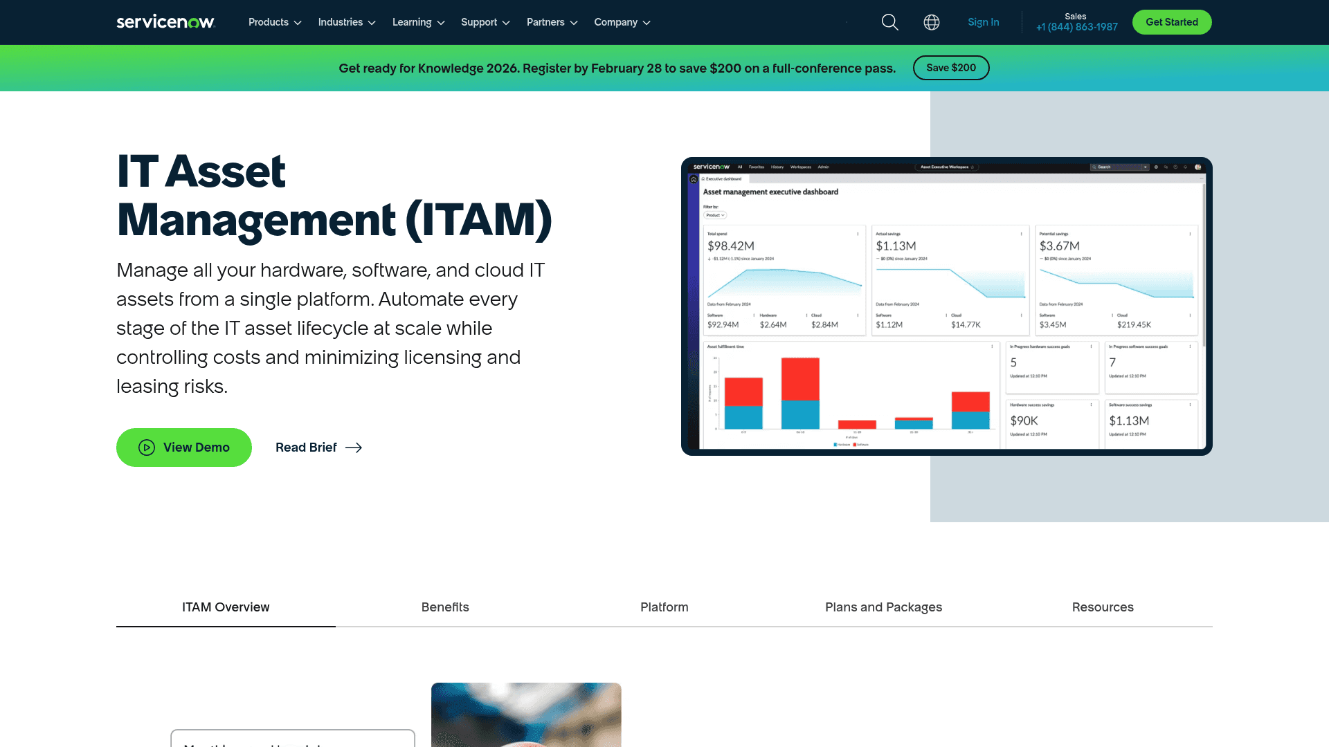 A screenshot of the ServiceNow ITAM landing page, a powerful Snipe-IT alternative for large enterprises.