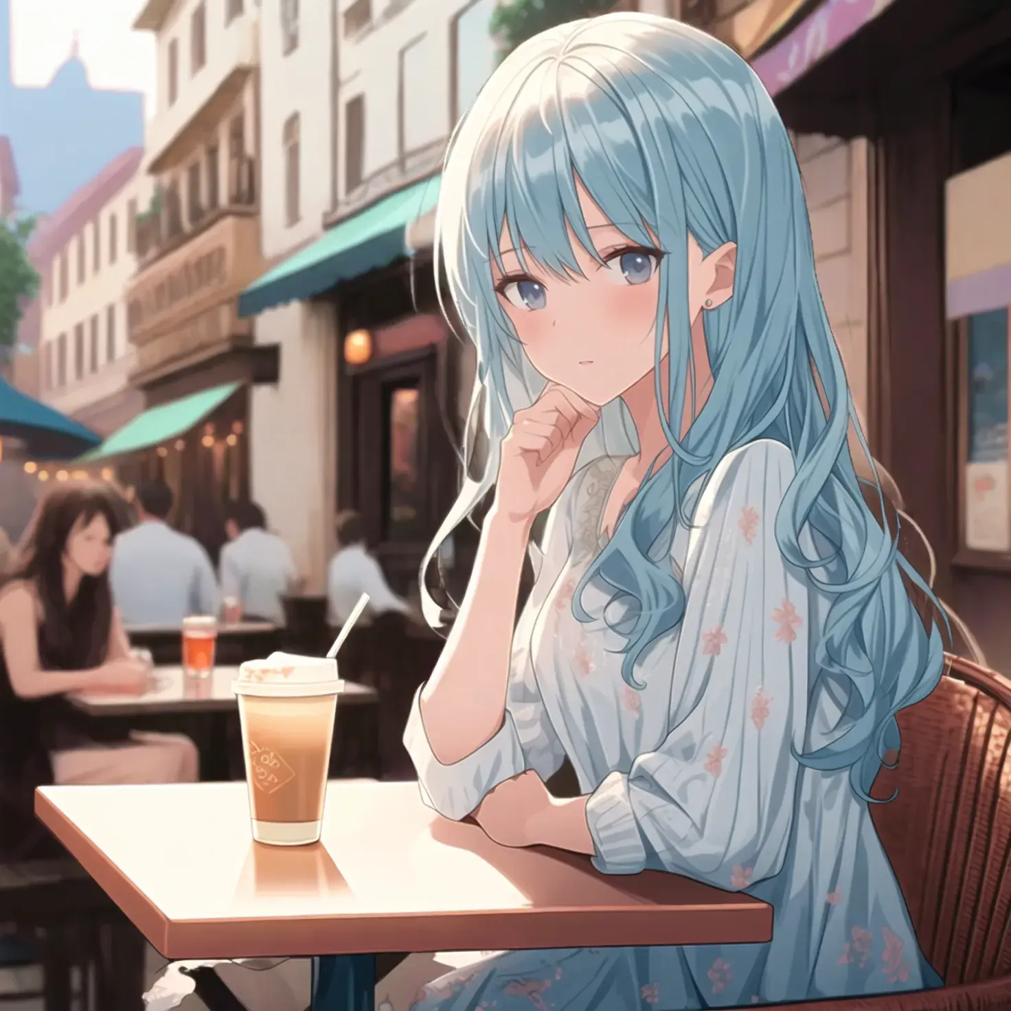 Female anime character with long silvered hair on the street on the midday. Image generated by AI.