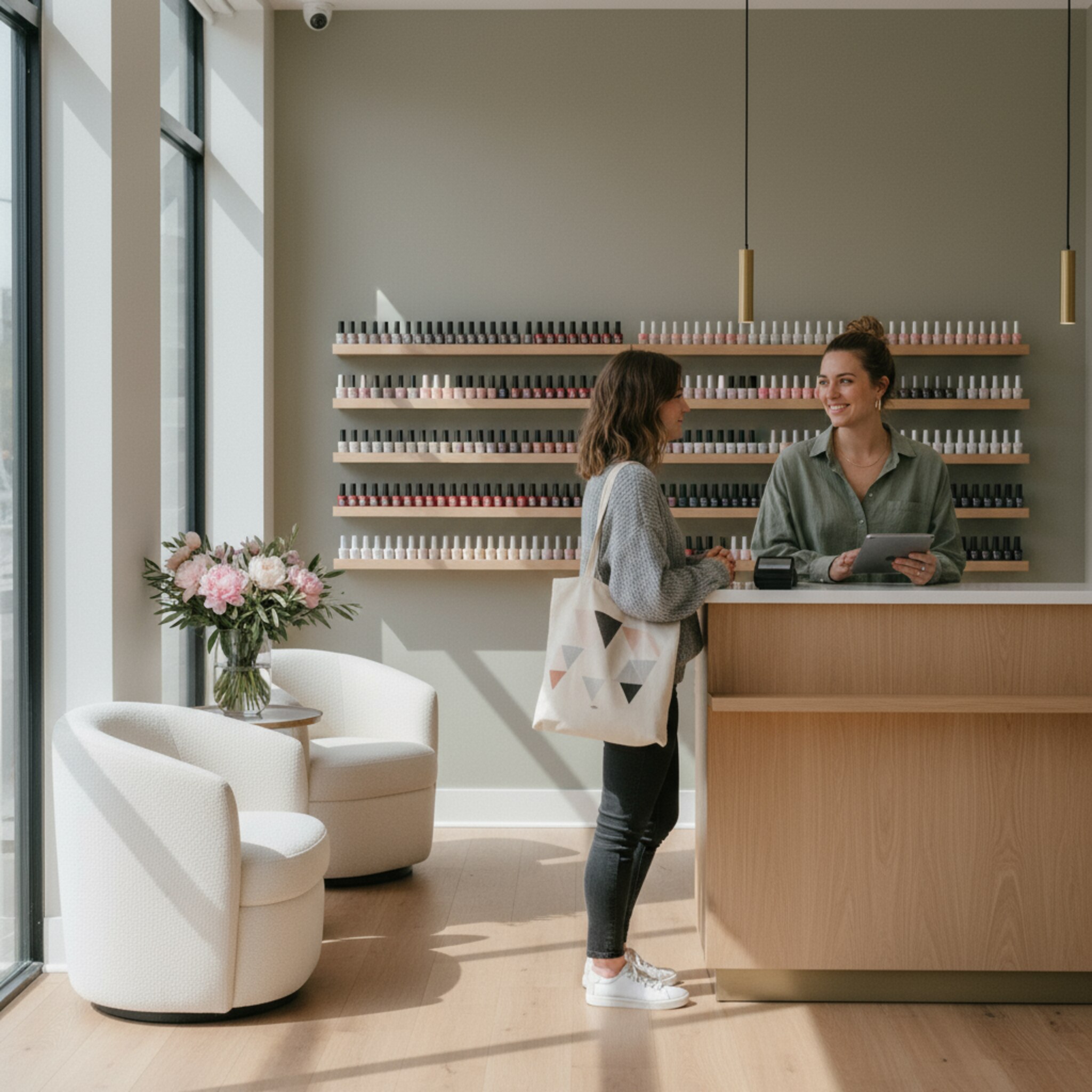 Der Empfangsbereich eines modernen Studios mit bequemen Stühlen und frischen Blumen. Eine Stylistin begrüßt eine Kundin mit einem sympathischen Lächeln. Die klare Einrichtung, sanfte Farben und viel Tageslicht vermitteln Vertrauen. Man spürt Professionalität und einen reibungslosen Ablauf schon beim Ankommen.