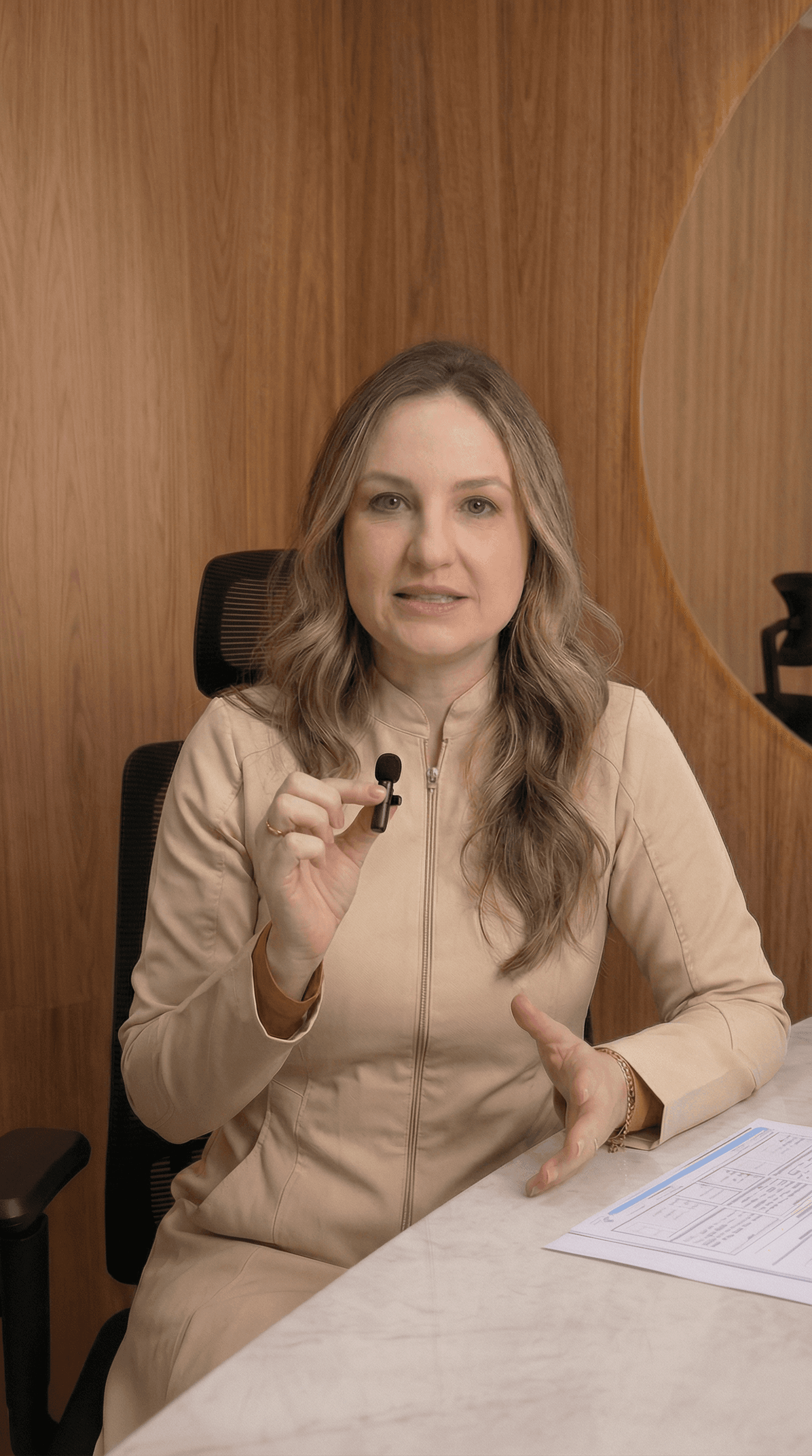 Woman in sunglasses poses against vibrant red background, wearing a beige blazer and black top. Sunlight casts dynamic shadows, creating a stylish, confident mood.