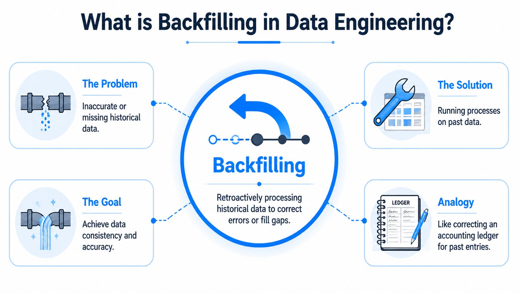 A diagram explaining data engineering backfilling as the process of retroactively processing historical data to fix errors.