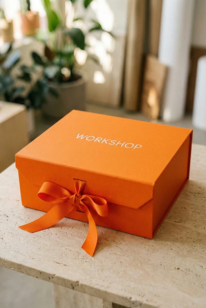 Eine orangenfarbene Box mit dem Aufdruck Workshop als Symbol für das unschätzbare Wissen von Workshops