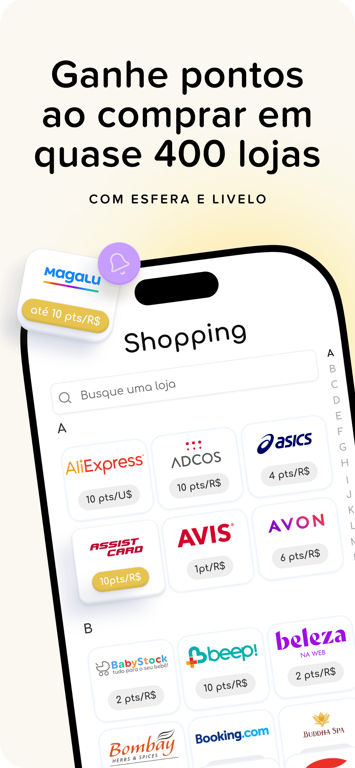 Interface do aplicativo AceleraPontos exibindo a aba de compras, com lojas parceiras e oportunidades de acúmulo de pontos e milhas.