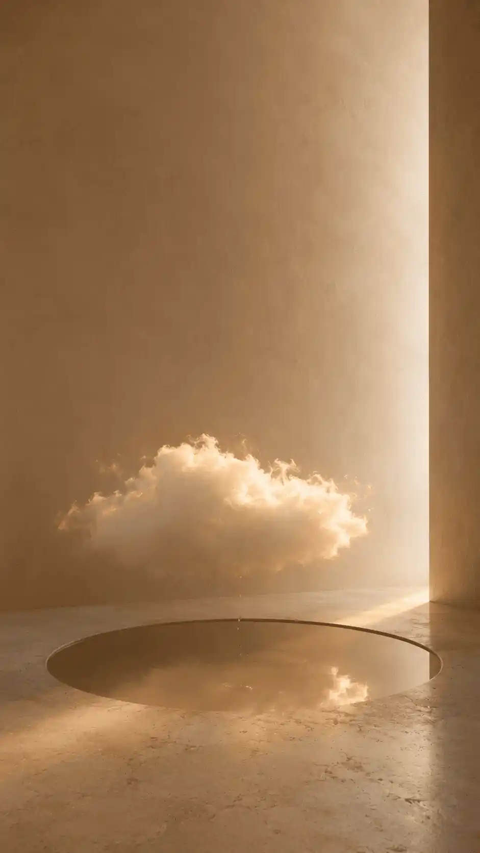 A small cloud drifting above a round reflecting pool in a warm, sunlit room