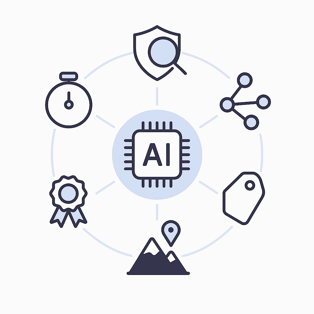 Radial diagram showing six icons representing key criteria for selecting an AI mortgage platform