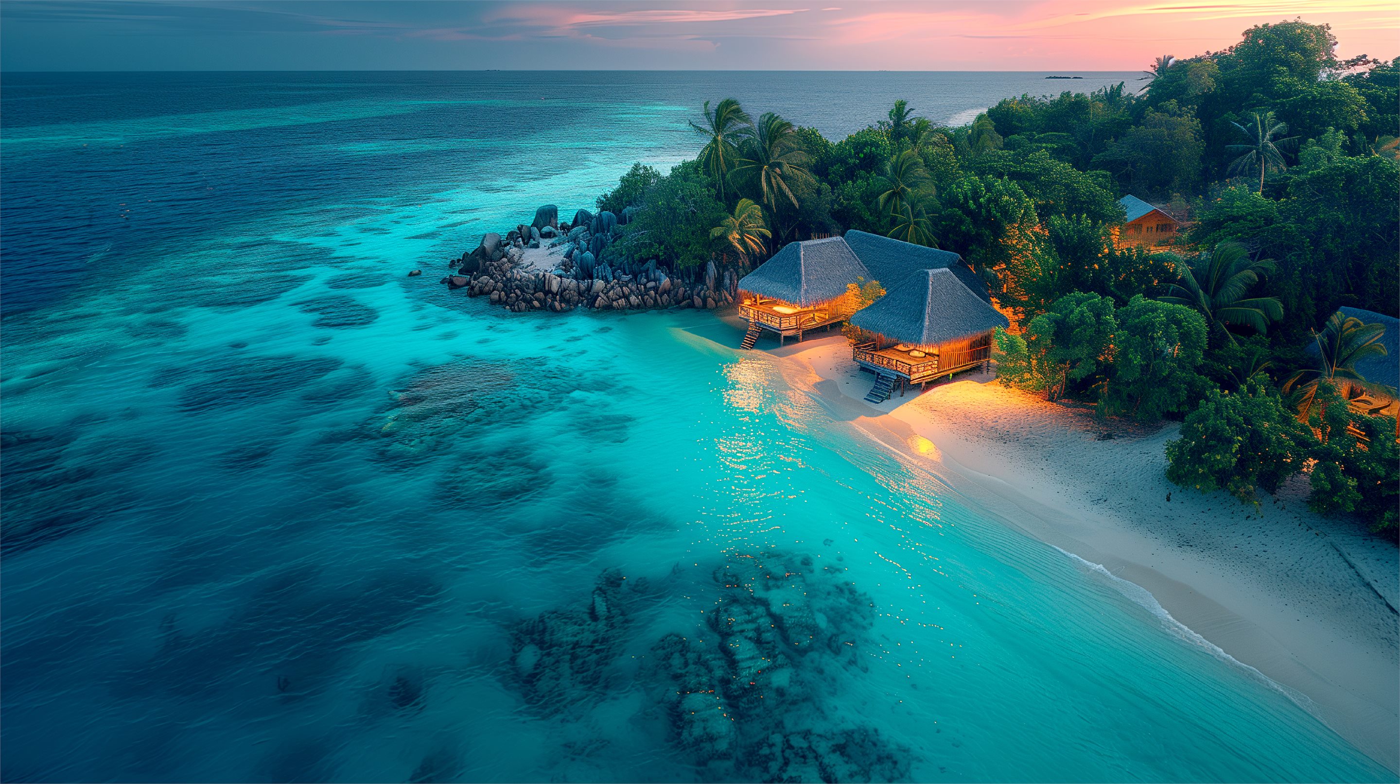 A beachfront villa glowing at dusk beside a turquoise lagoon