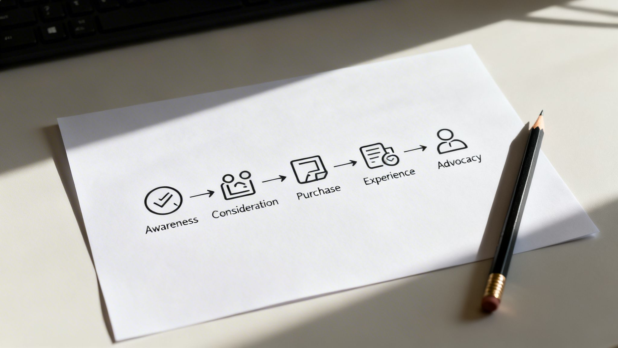A white paper with a customer journey diagram showing Awareness, Consideration, Purchase, Experience, and Advocacy stages, with a pencil beside it.