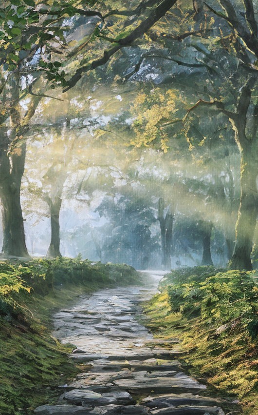 Sacred artwork by Faith and Verse. © Faith and Verse, 2025. All rights reserved. Forest path with morning mist and sunlight breaking through ancient trees.