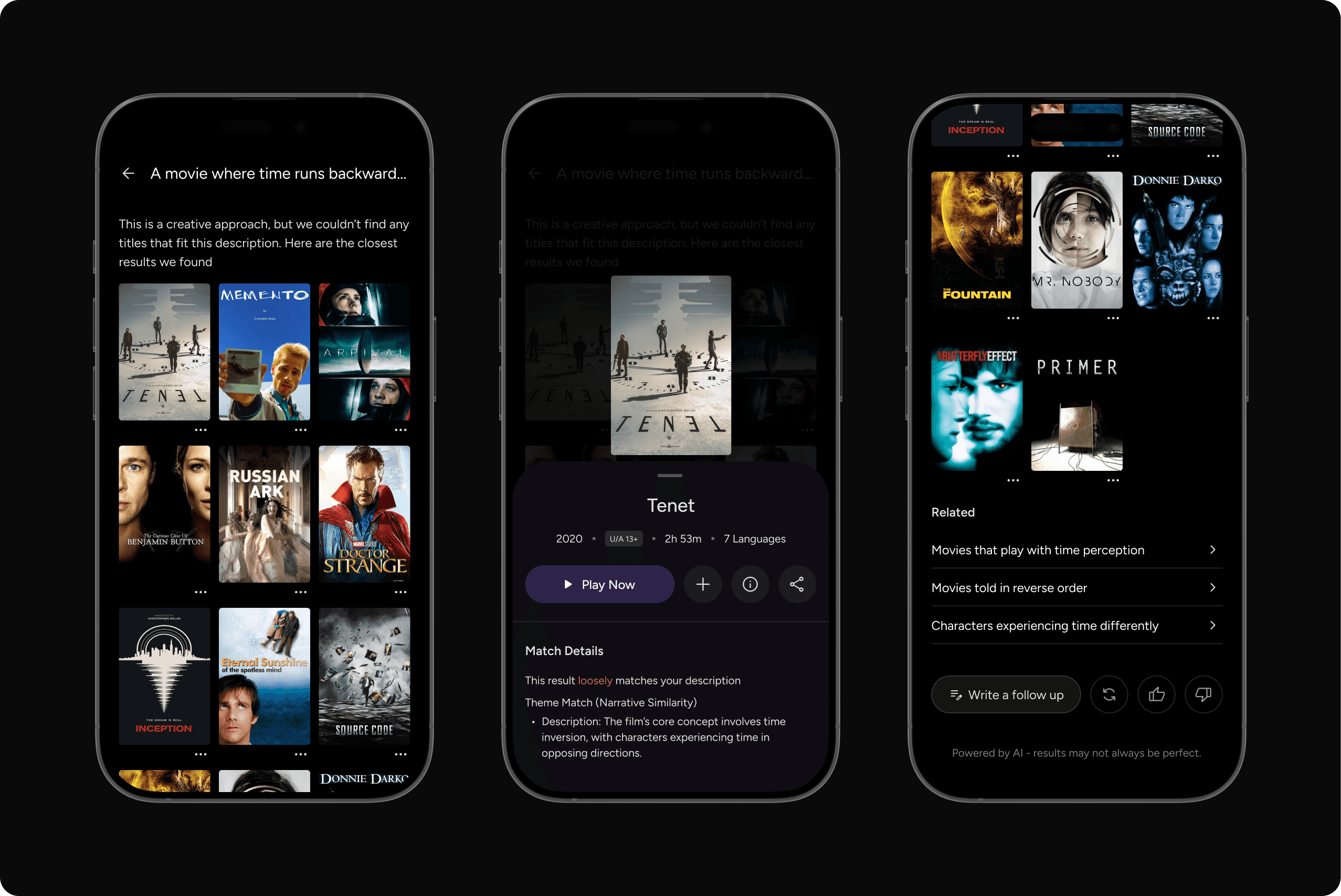 Three mobile screens showing AI-powered search results for the query “A movie where time runs backward,” including closest thematic matches, a detailed view for Tenet with narrative similarity explanation, and related suggestions about time-based storytelling
