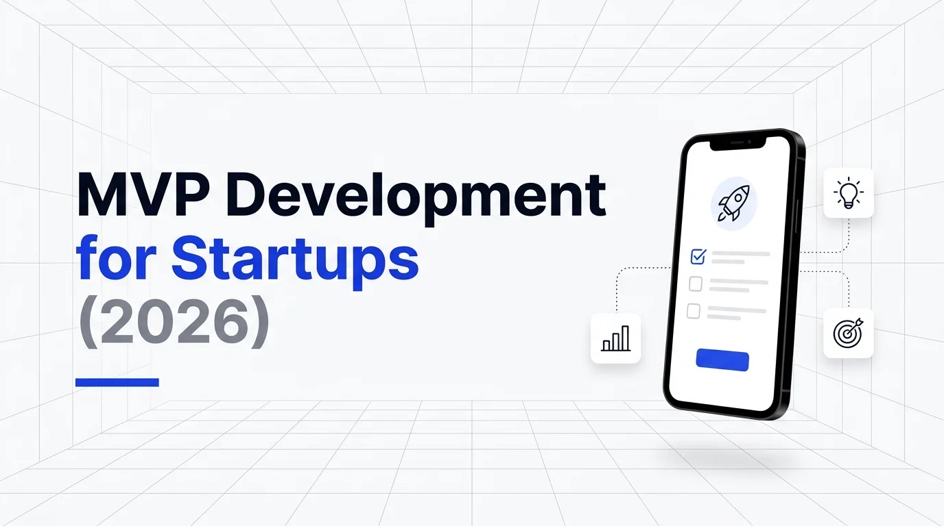 MVP Development for Startups (2026) banner with a smartphone showing an MVP checklist and icons for ideas, metrics, and goals