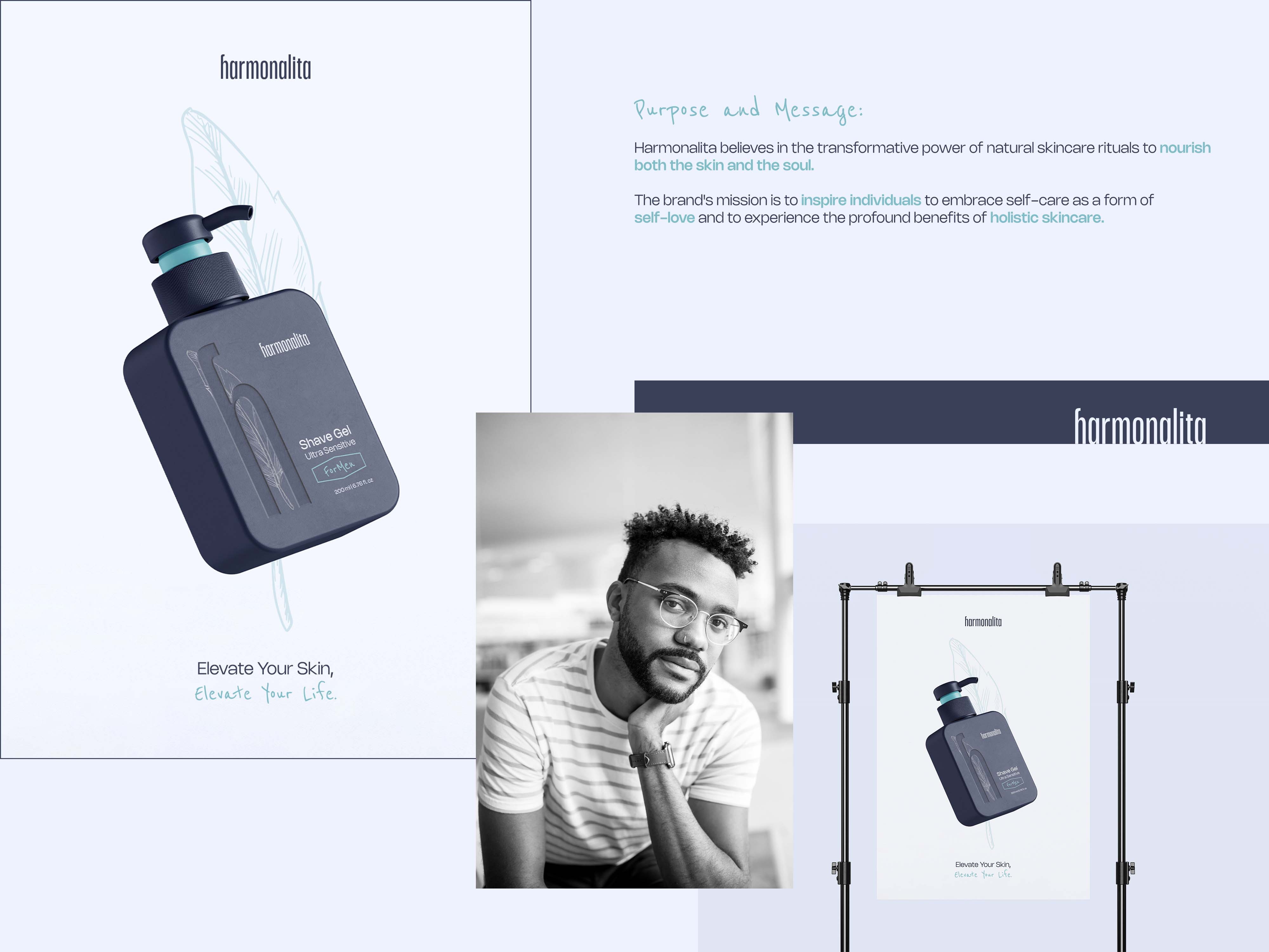 Brand purpose layout with shave gel packaging and a male portrait - Harmonalita, a luxury skincare brand identity.